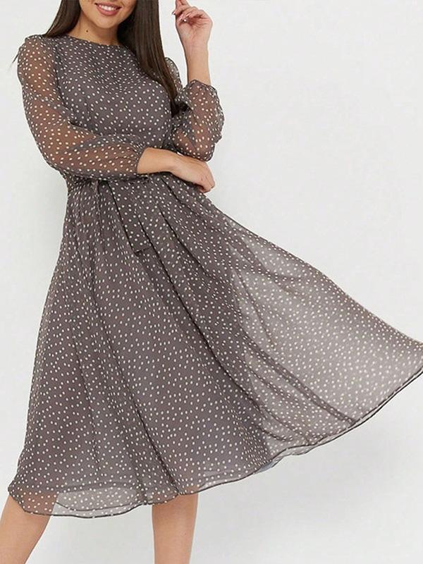 A-Line High Waisted Polka-Dot Tied Waist Round-Neck Midi Dresses Product Image