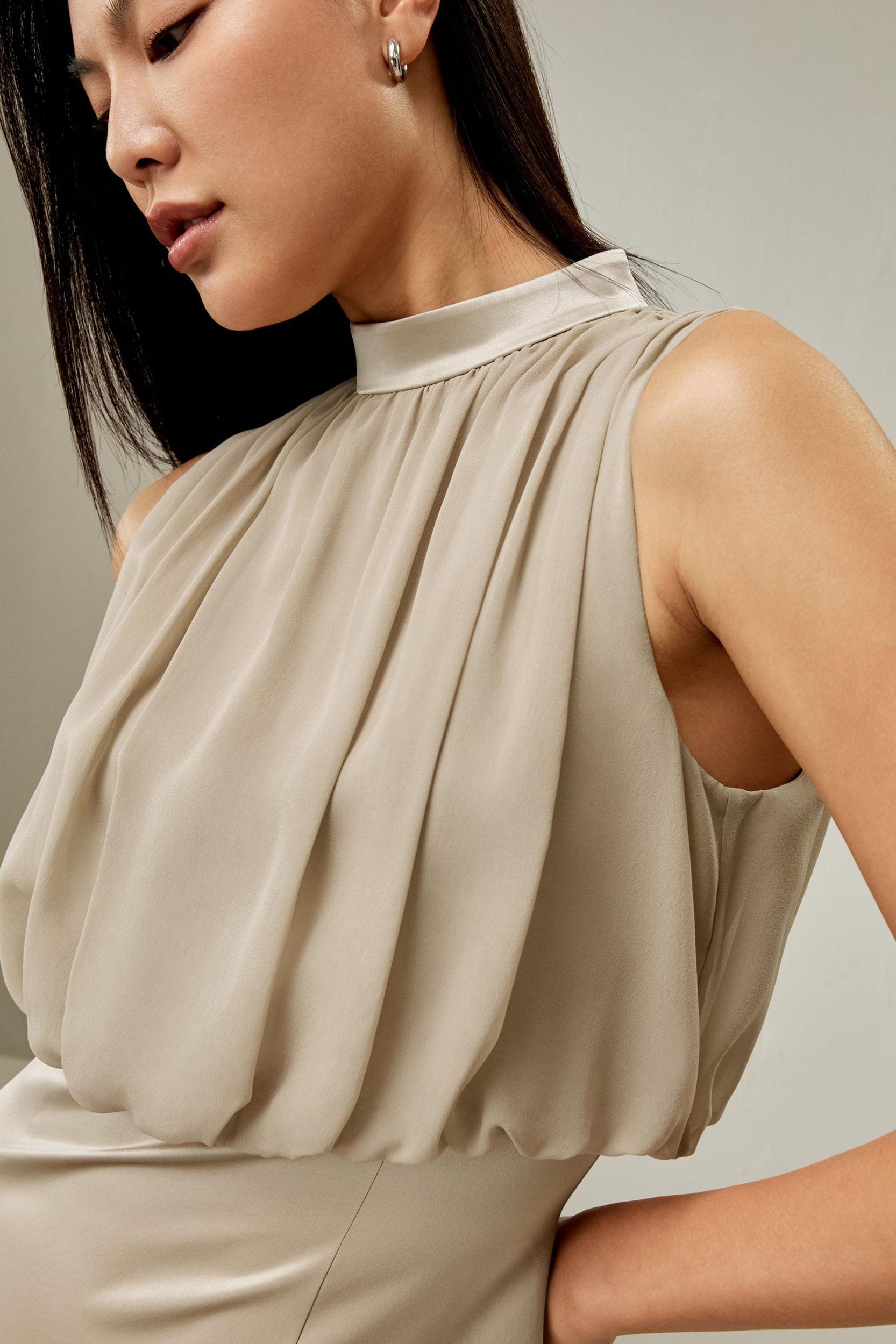 Pleated Sleeveless Midi Silk Dress Product Image