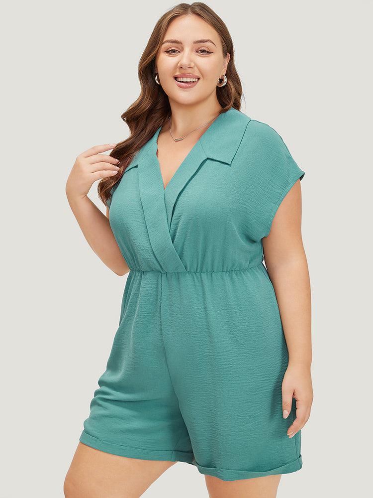 Plain Lapel Collar Batwing Sleeve Wrap Pocket Zip Romper Female Product Image