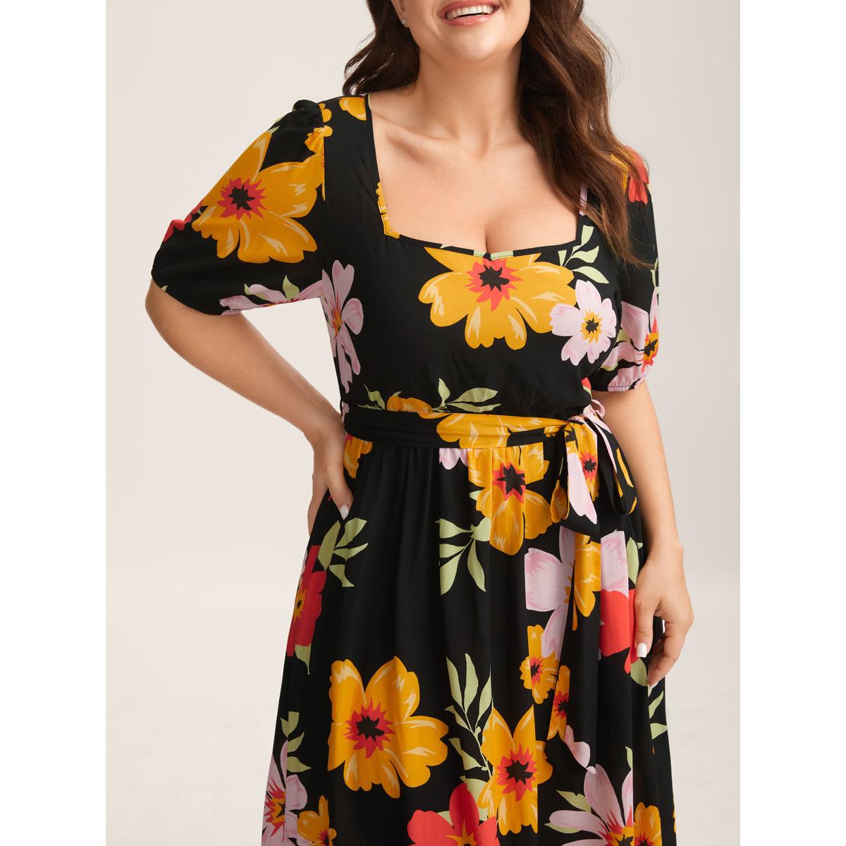 Plus Size Rayon Sunkissed Florals Belted Pockets Midi Dress Black Women Heart neckline Short sleeve Curvy BloomChic 12/L Product Image