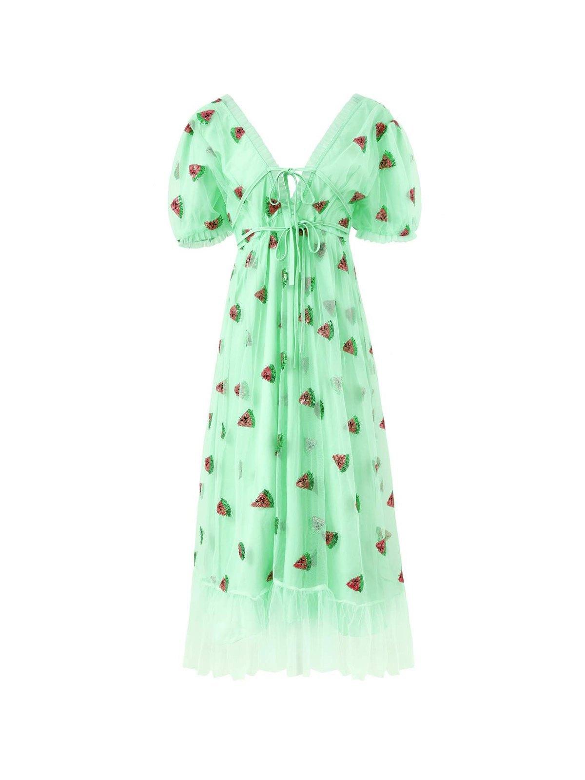 Sequin Ruffle Puff Sleeve Tulle Maxi Dress Product Image