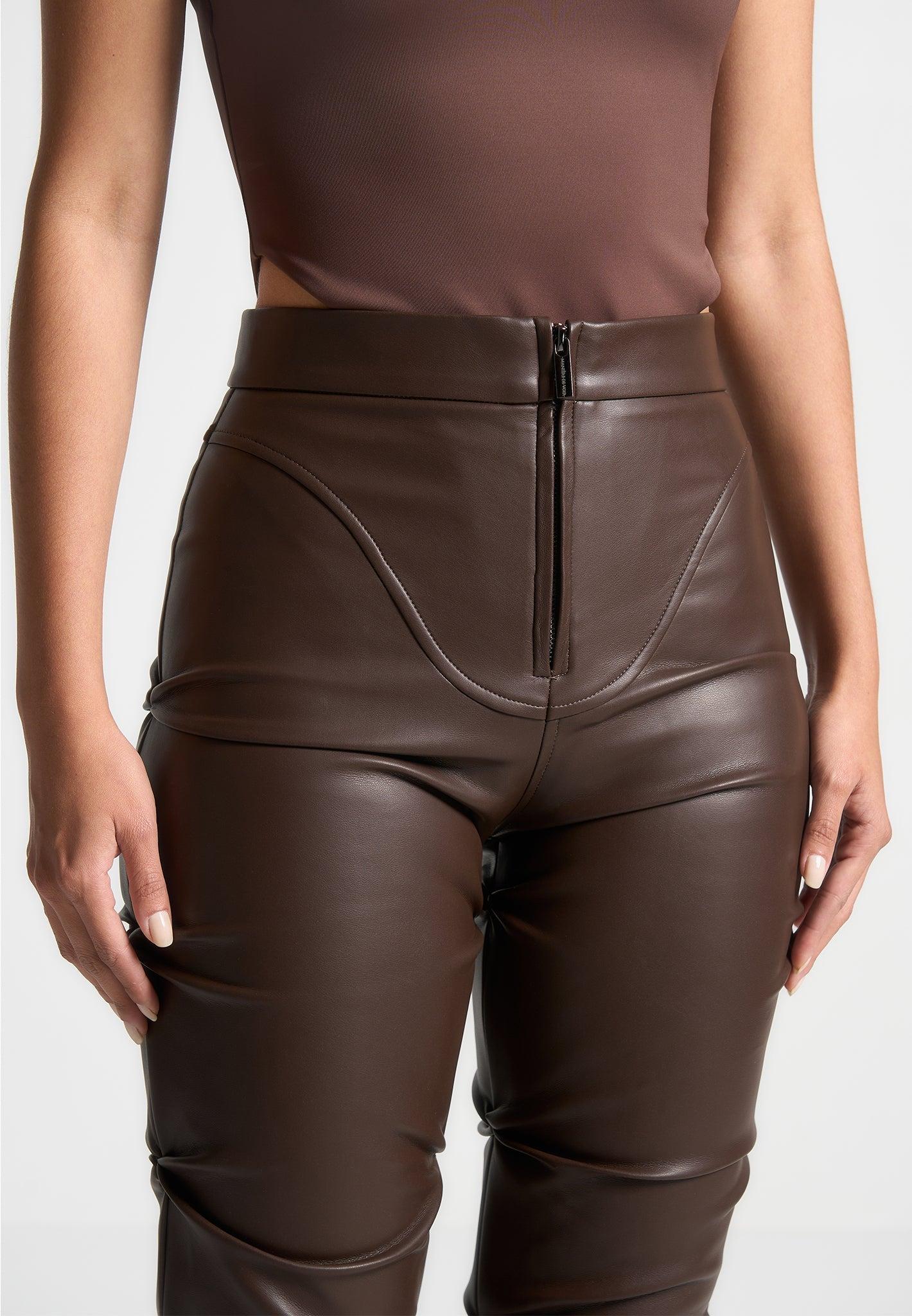 Caroline - Tacked Leather Flared Trousers - Brown Female Product Image