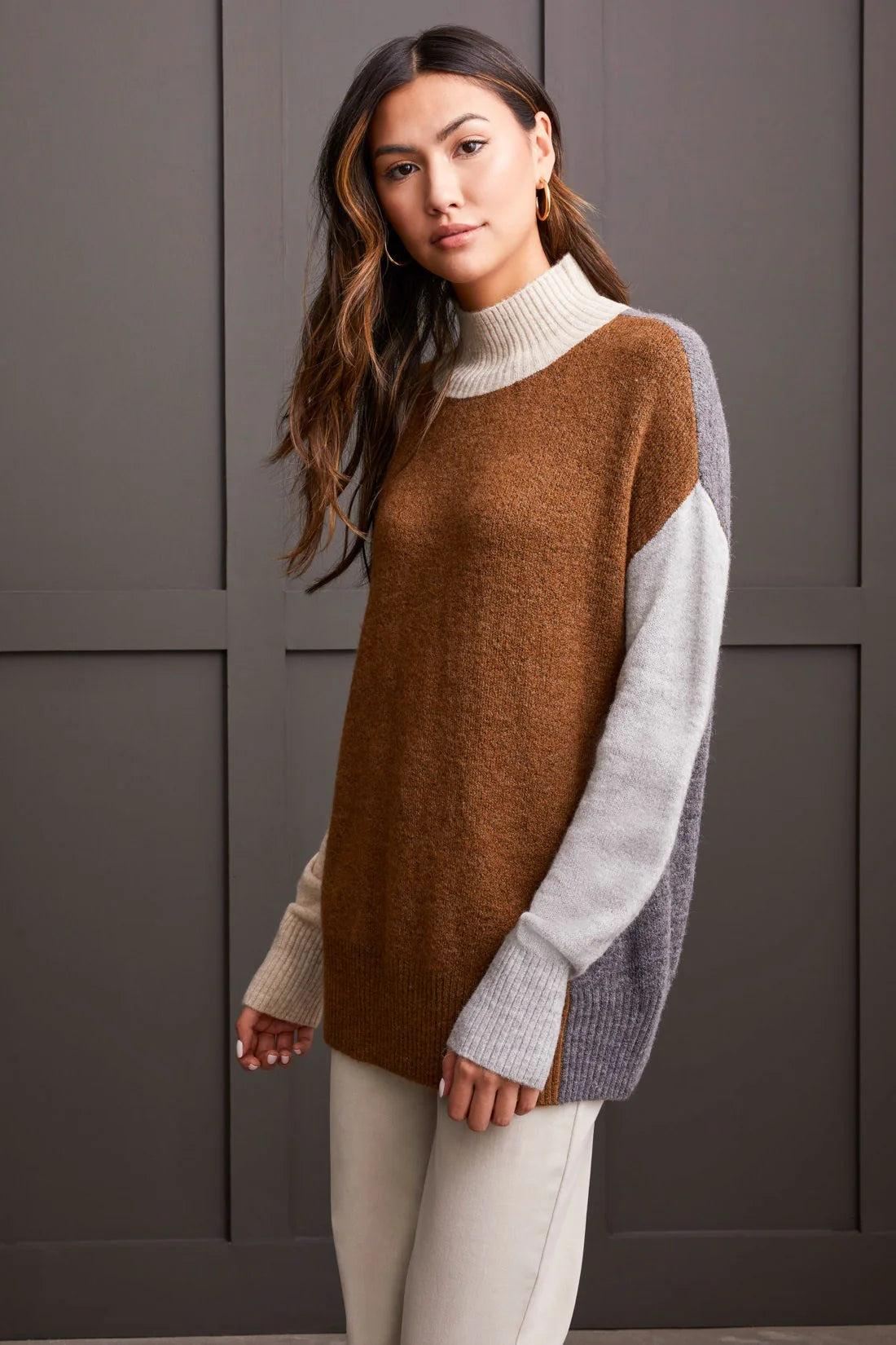 Mock Neck Colorblock Sweater- Heathered Walnut Product Image