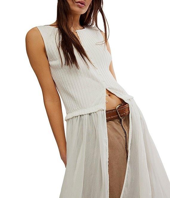 Free People Twice As Nice Ribbed Knit Crew Neck Sleeveless Button Front Vest Maxi Top Product Image