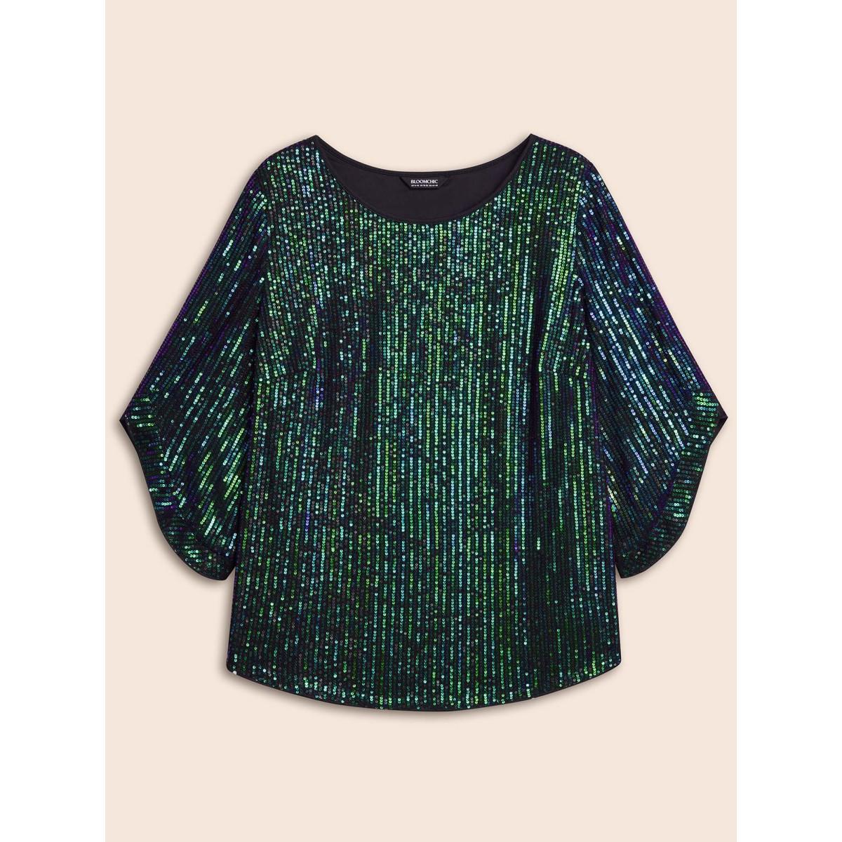 Plus Size DarkGreen Round Neck Sequin Bell Sleeve Blouse Women Cocktail Elbow-length sleeve Round Neck Party Blouses BloomChic 10/M Product Image