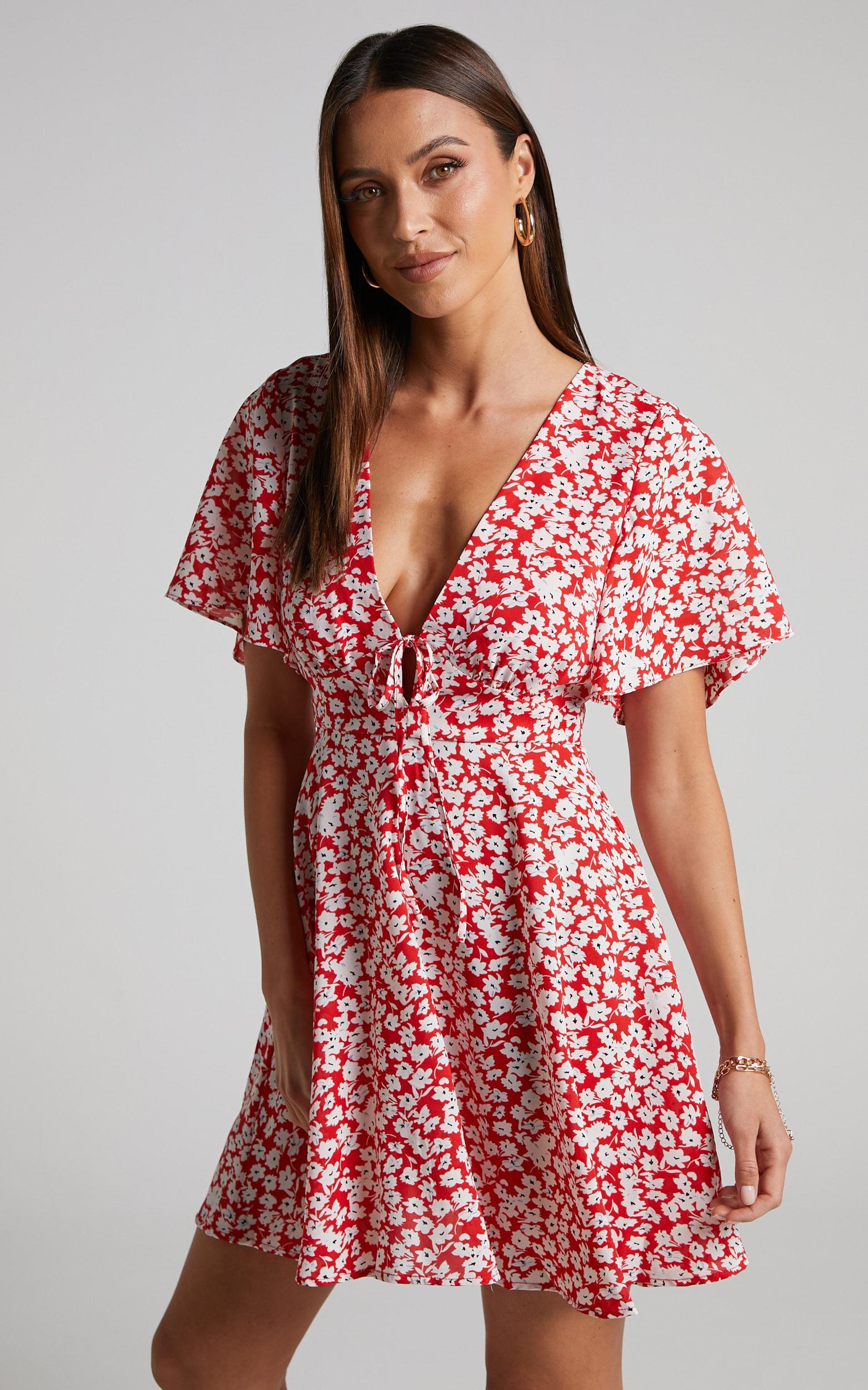 Rosario Mini Dress - Flutter Sleeve V Neck Dress in Red Ditsy Floral Product Image