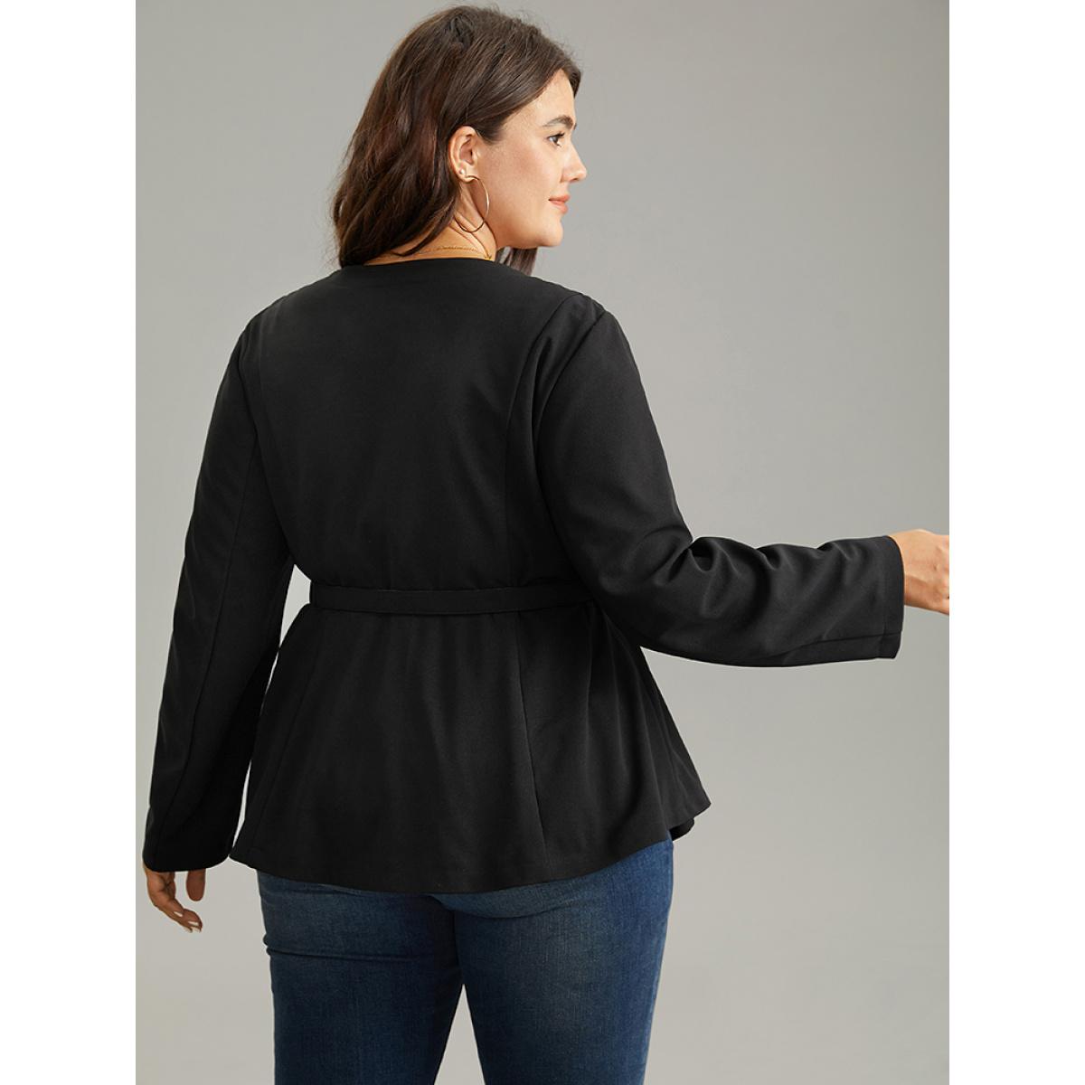 Plus Size Solid Pleated Button Up Belted Blazer Black Women Work Plain Plain Sleeve Long Sleeve Open Front 14-16/1X Belt Work From Home Blazers BloomChic Product Image