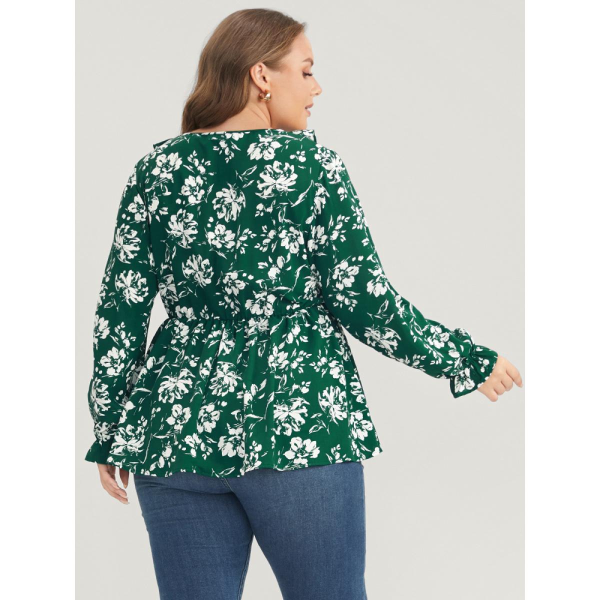 Plus Size DarkGreen Floral Ruffles Trim Lantern Sleeve Blouse Women Casual Long Sleeve V-neck Dailywear Blouses BloomChic 22-24/3X Product Image