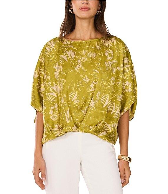 Vince Camuto Woven Floral Print Boat Neck Short Sleeve Blouse Product Image