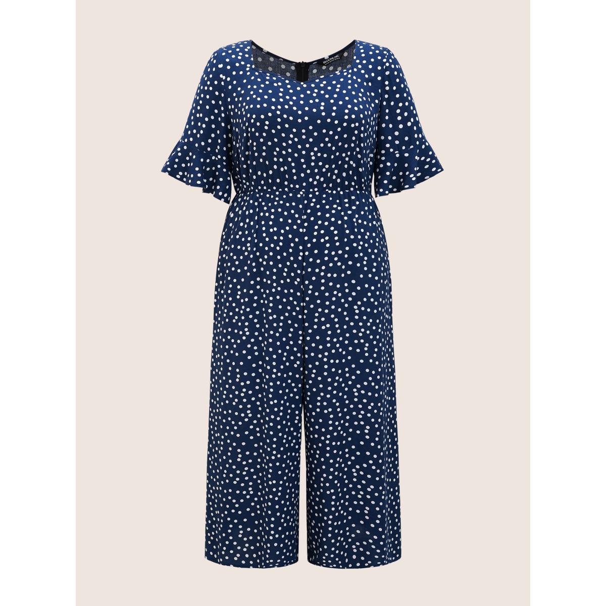 Plus Size Navy Rayon Heart Neckline Polka Dot Ruffles Jumpsuit Women Elegant Elbow-length sleeve Heart neckline Everyday Loose Jumpsuits BloomChic 28/5X Product Image