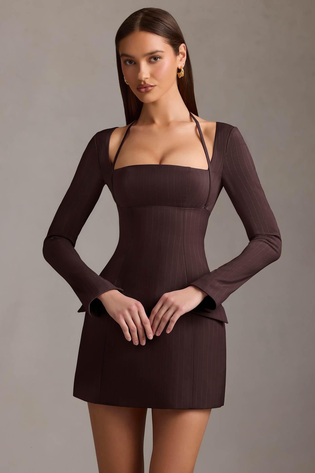 Pinstripe Structured A-Line Mini Dress in Chocolate Brown Product Image