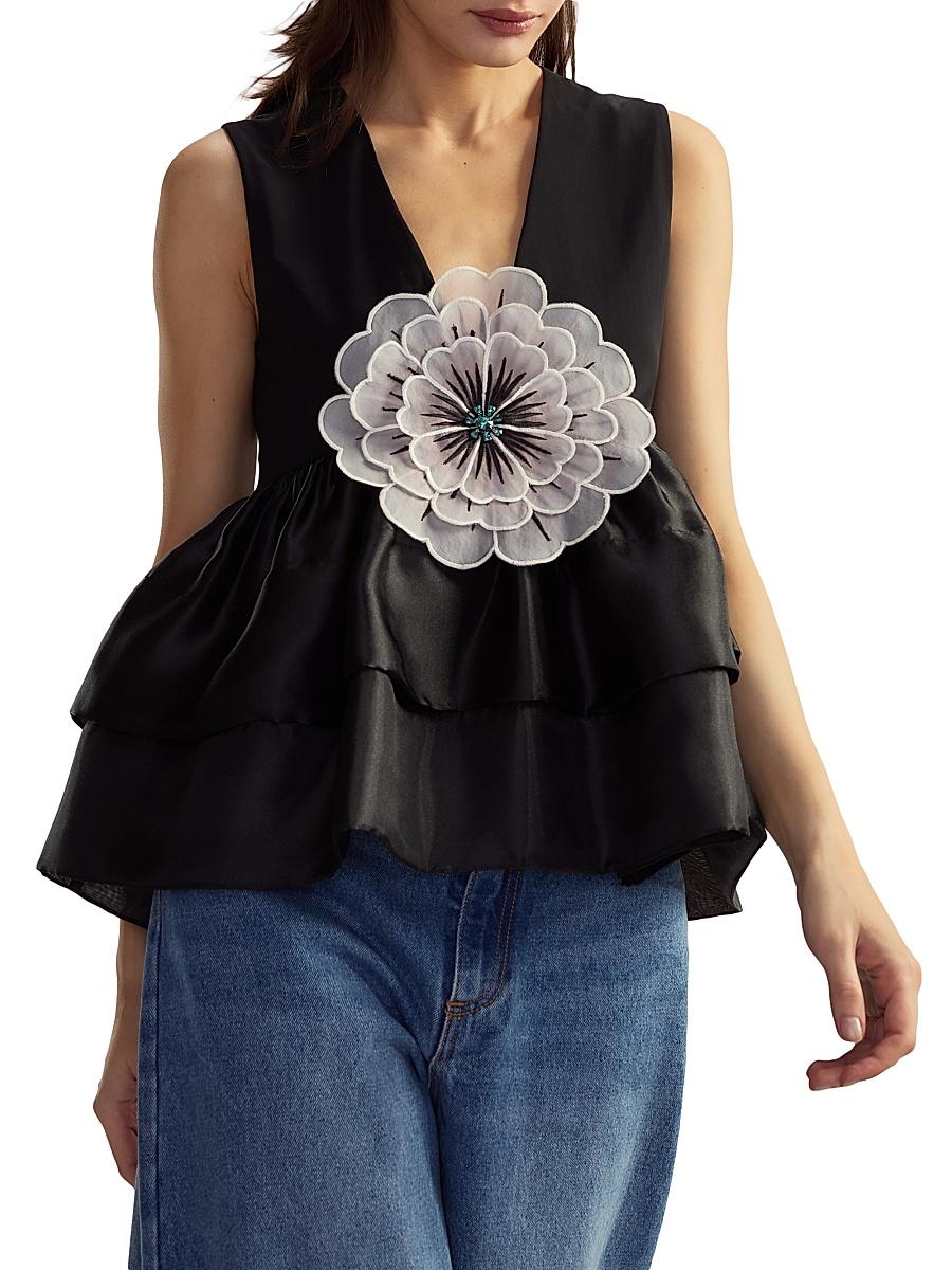 Womens V-Neck Organza Flower Top Product Image