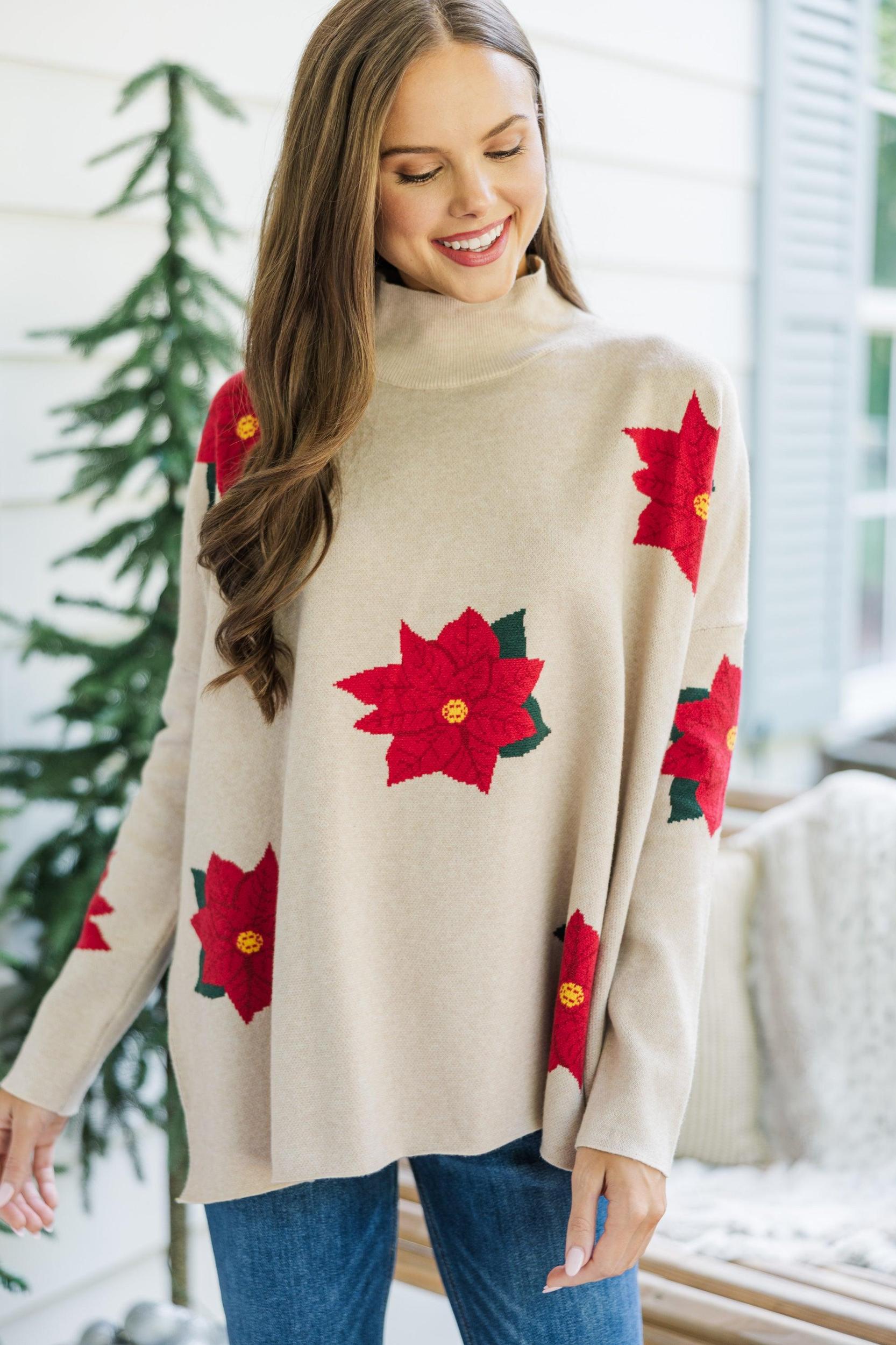 Quick Decisions Oatmeal Poinsettia Sweater Female Product Image