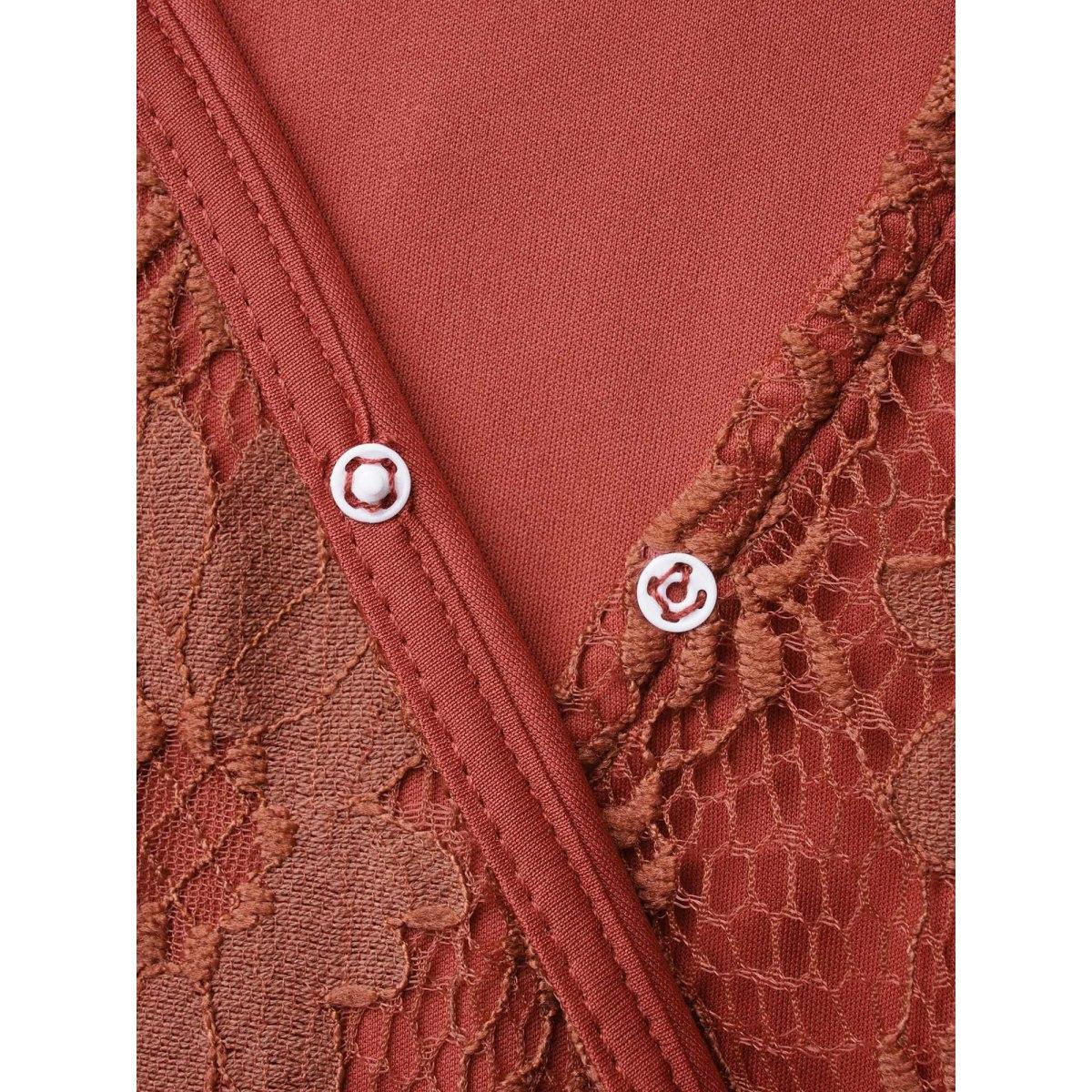 Plus Size Russet Crochet Lace Mesh Bell Sleeve Blouse Women Elegant Long Sleeve Overlap Collar Everyday Blouses BloomChic 10/M Product Image