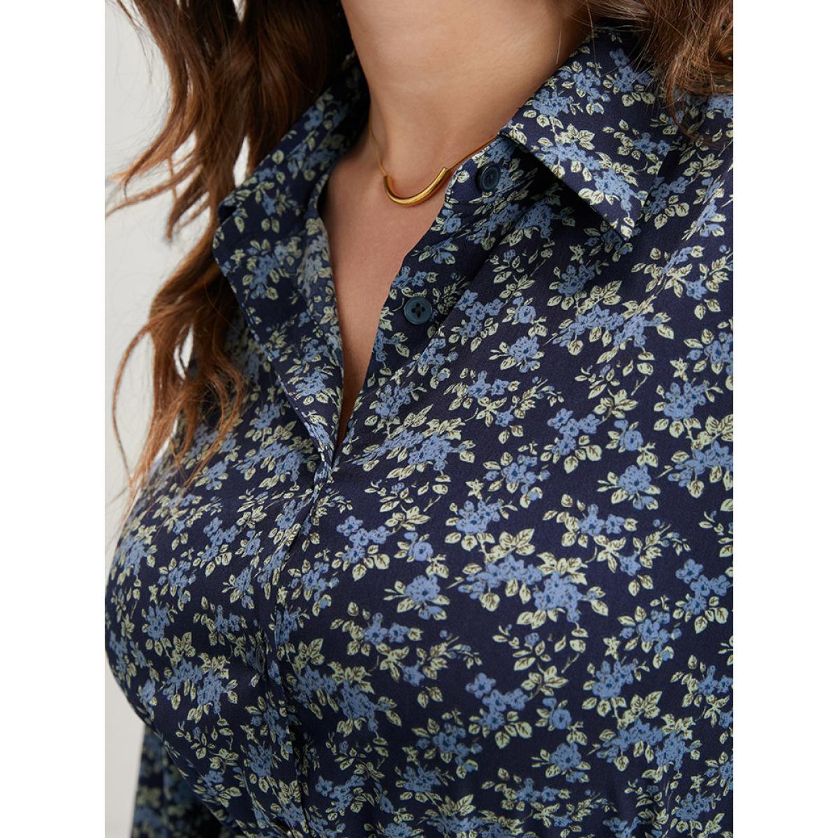 Plus Size Ditsy Floral Pocket Belted Shirt Collar Dress Indigo Women Elegant Elastic Waist Shirt collar Long Sleeve Curvy Midi Dress BloomChic 30/6X Product Image