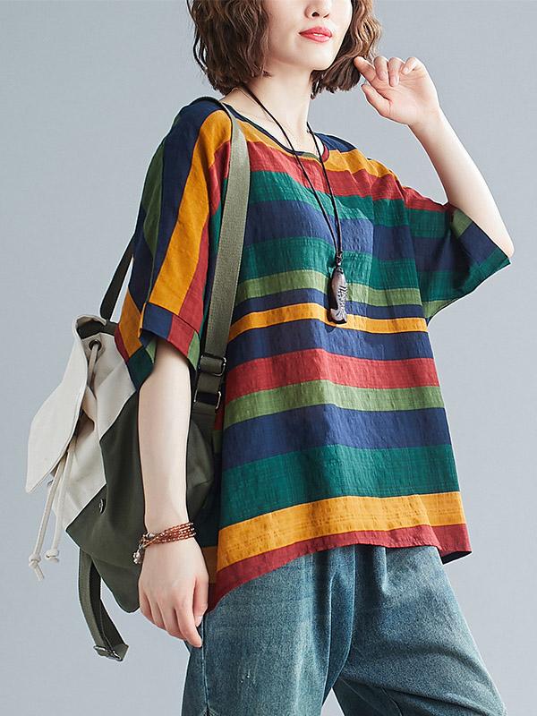 Rainbow Stripe Batwing Sleeves T-Shirts Tops Product Image