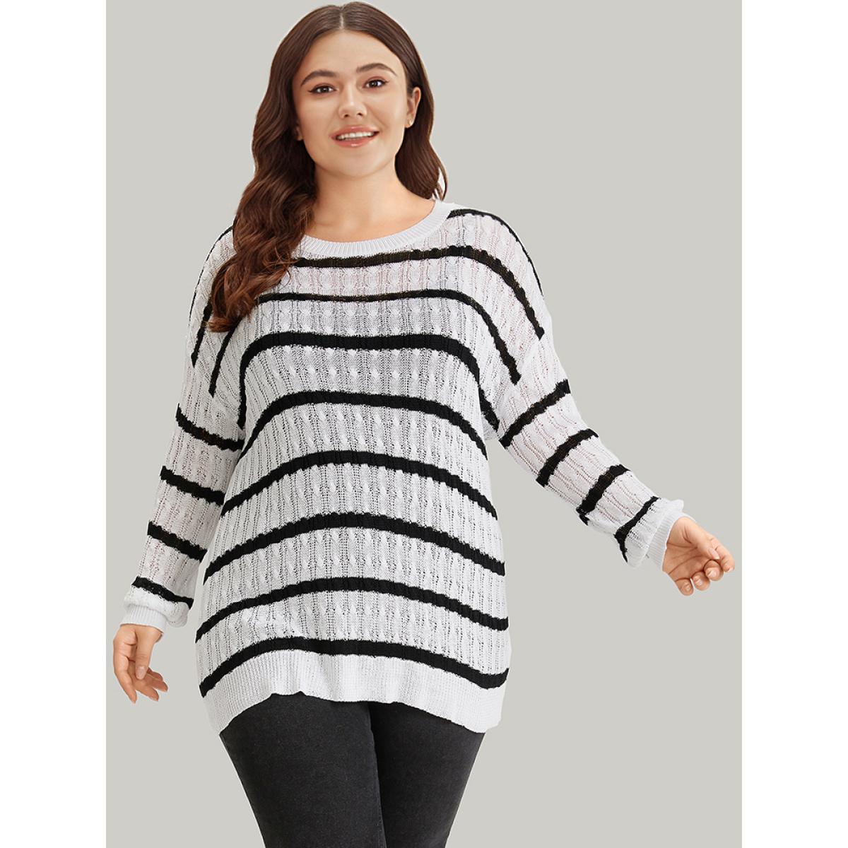 Plus Size Striped Cable Knit Drop Shoulder Pullover White Women Casual Bodycon Long Sleeve Round Neck Everyday Pullovers BloomChic 10/M Product Image