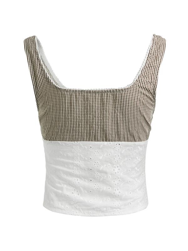 Vintage Plaid Splice Lace Up Tank Top Product Image