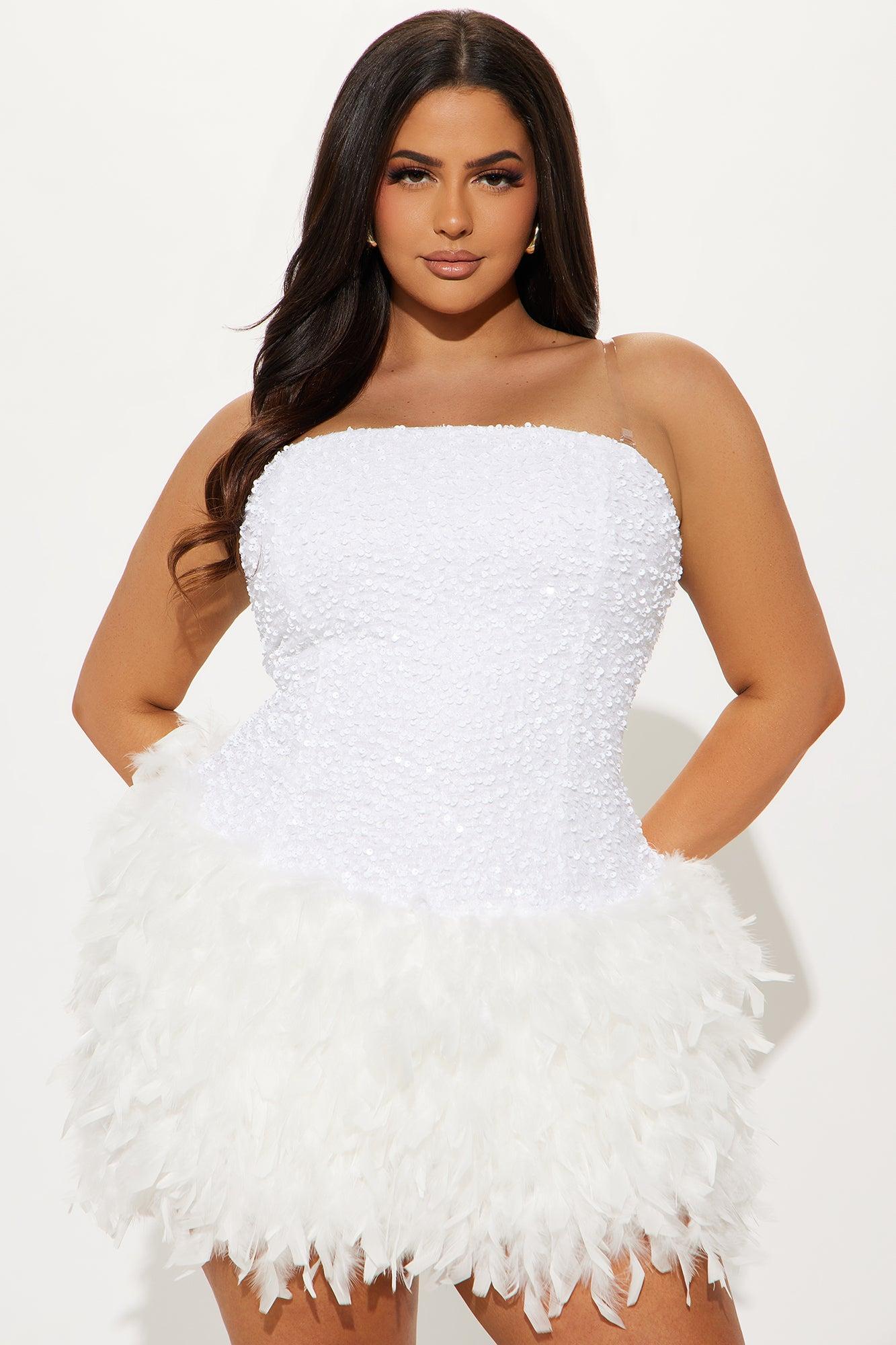 Zoey Feathered Sequin Mini Dress - White Product Image