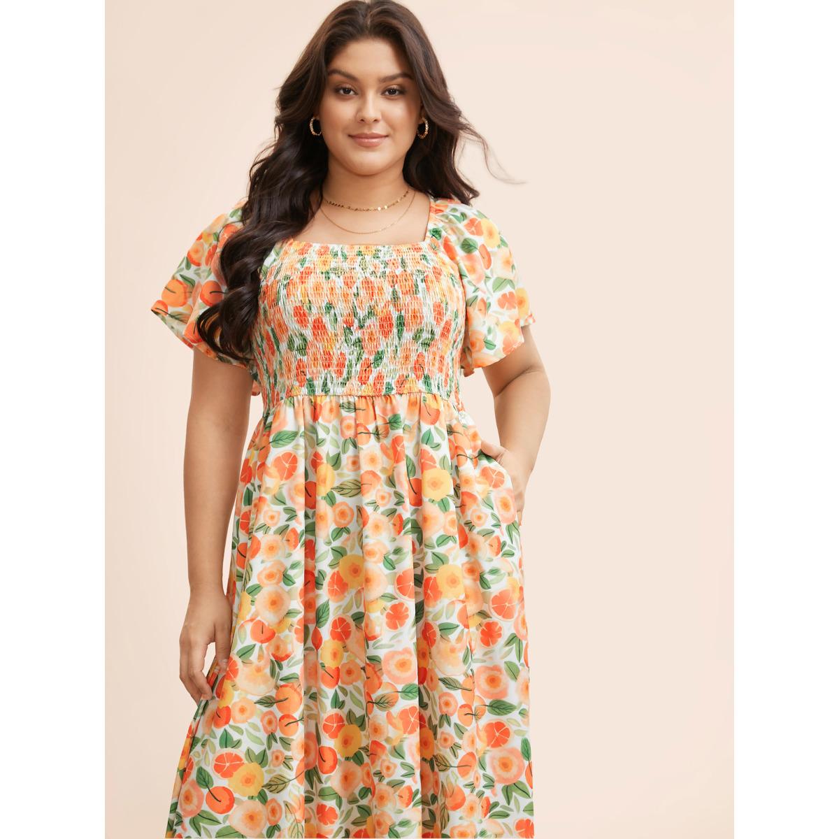 Plus Size Floral Shirred Square Neck Pocket Midi Dress Salmon Women Elegant Non Square Neck Short sleeve Curvy Midi Dress BloomChic 10/M Product Image