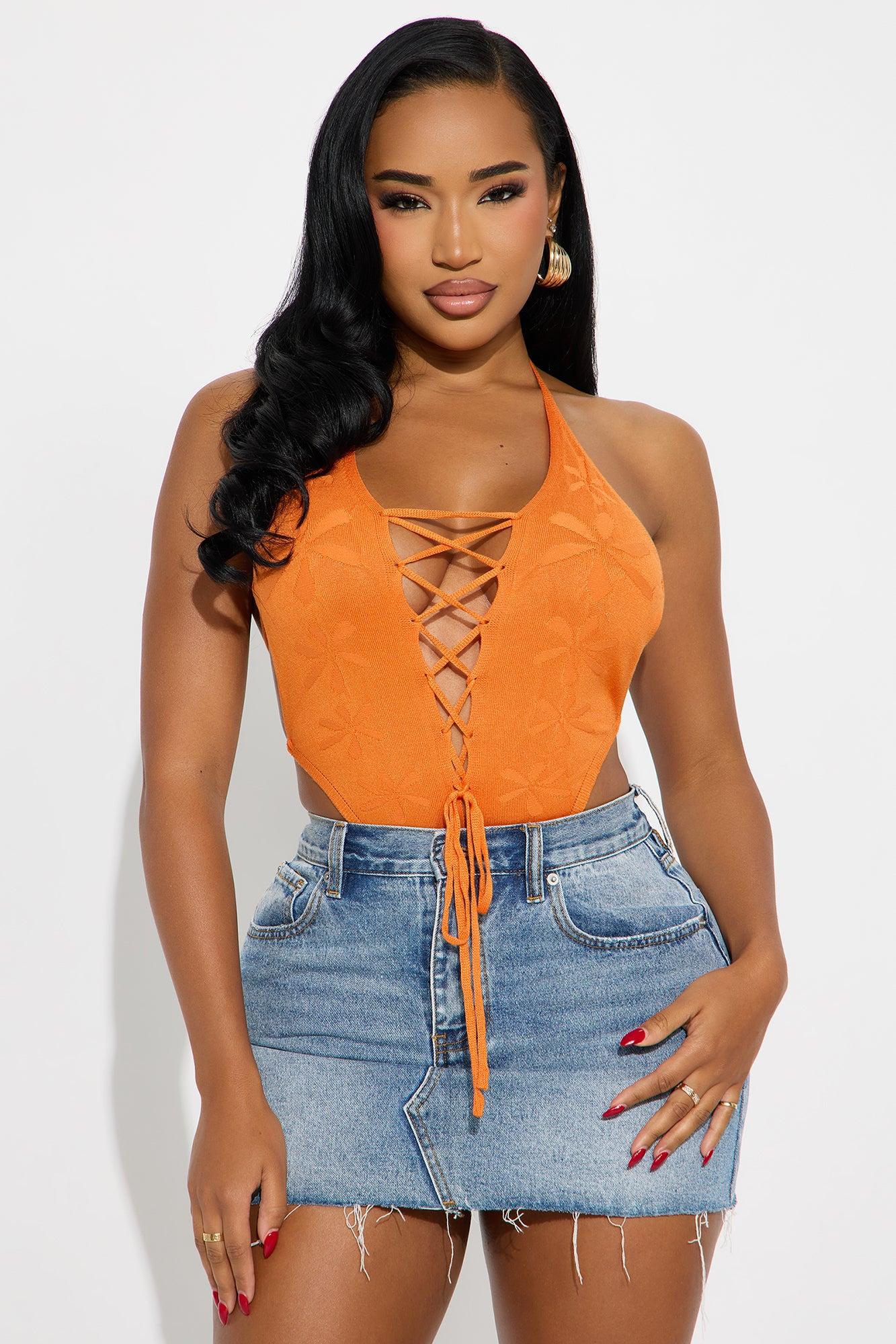 Solo Traveler Lace Up Halter Bodysuit - Orange Female Product Image