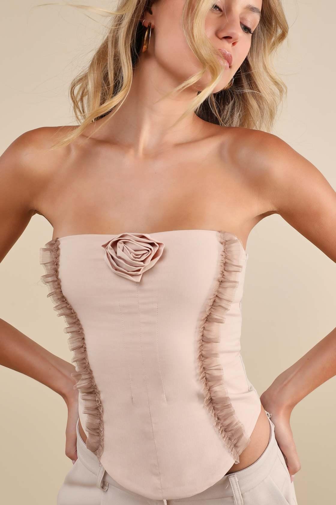 Frap Beige Rosette Ruffled Chiffon Strapless Top Product Image