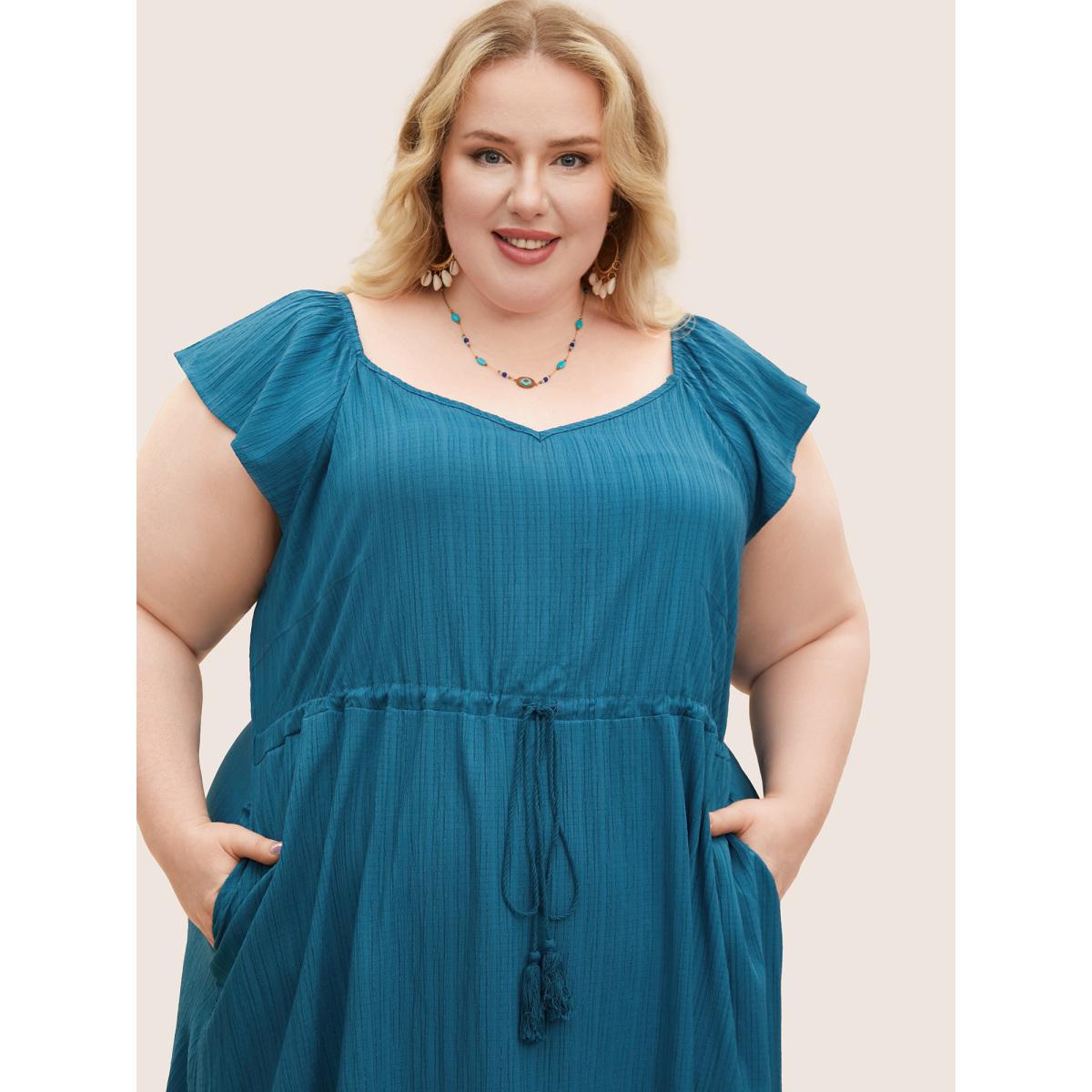 Plus Size Texture Drawstring Tie Knot Tassels Dress Cerulean Women Resort Tie knot V-neck Cap Sleeve Curvy BloomChic 22-24/3X Product Image