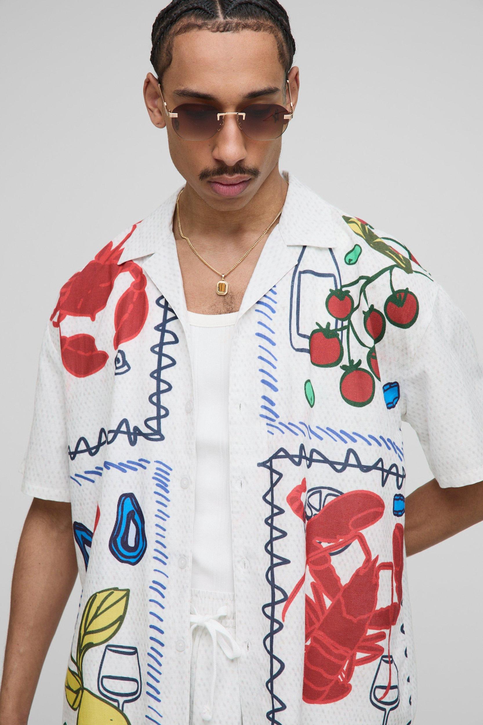 Oversized Linen Blend Conversational Printed Shirt & Short Set | boohooMAN USA Product Image