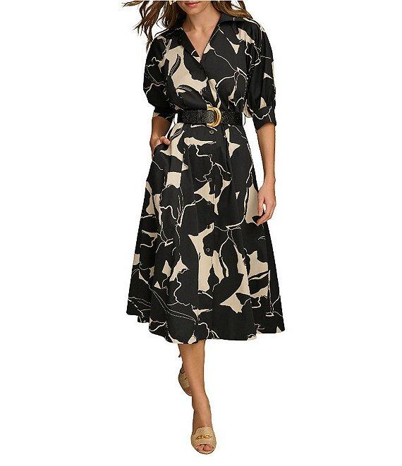 Donna Karan Printed 3/4 Sleeve Notch Collar Belted Side Pocket A-Line Midi Dress Product Image