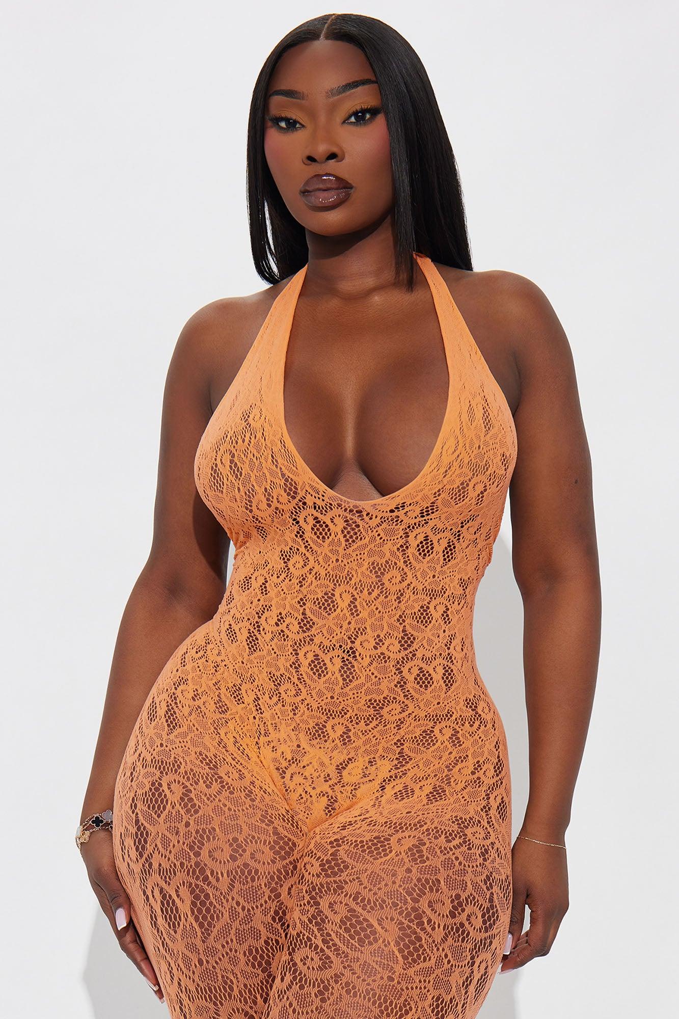 Lace Me Up Crotchless Lace Jumpsuit Bodystocking - Orange Female Product Image