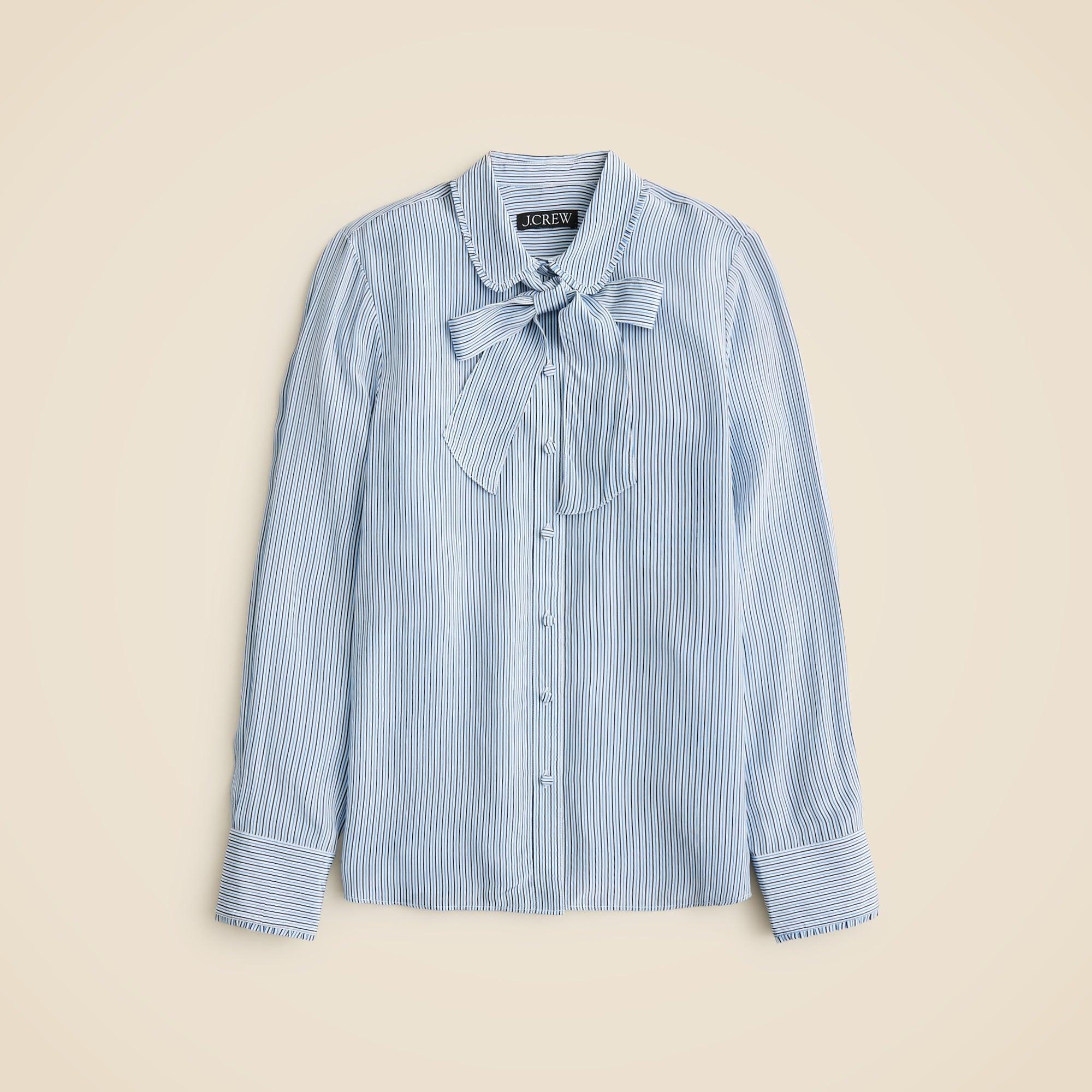 Removable tie-neck button-up shirt in striped crepe de chine Product Image