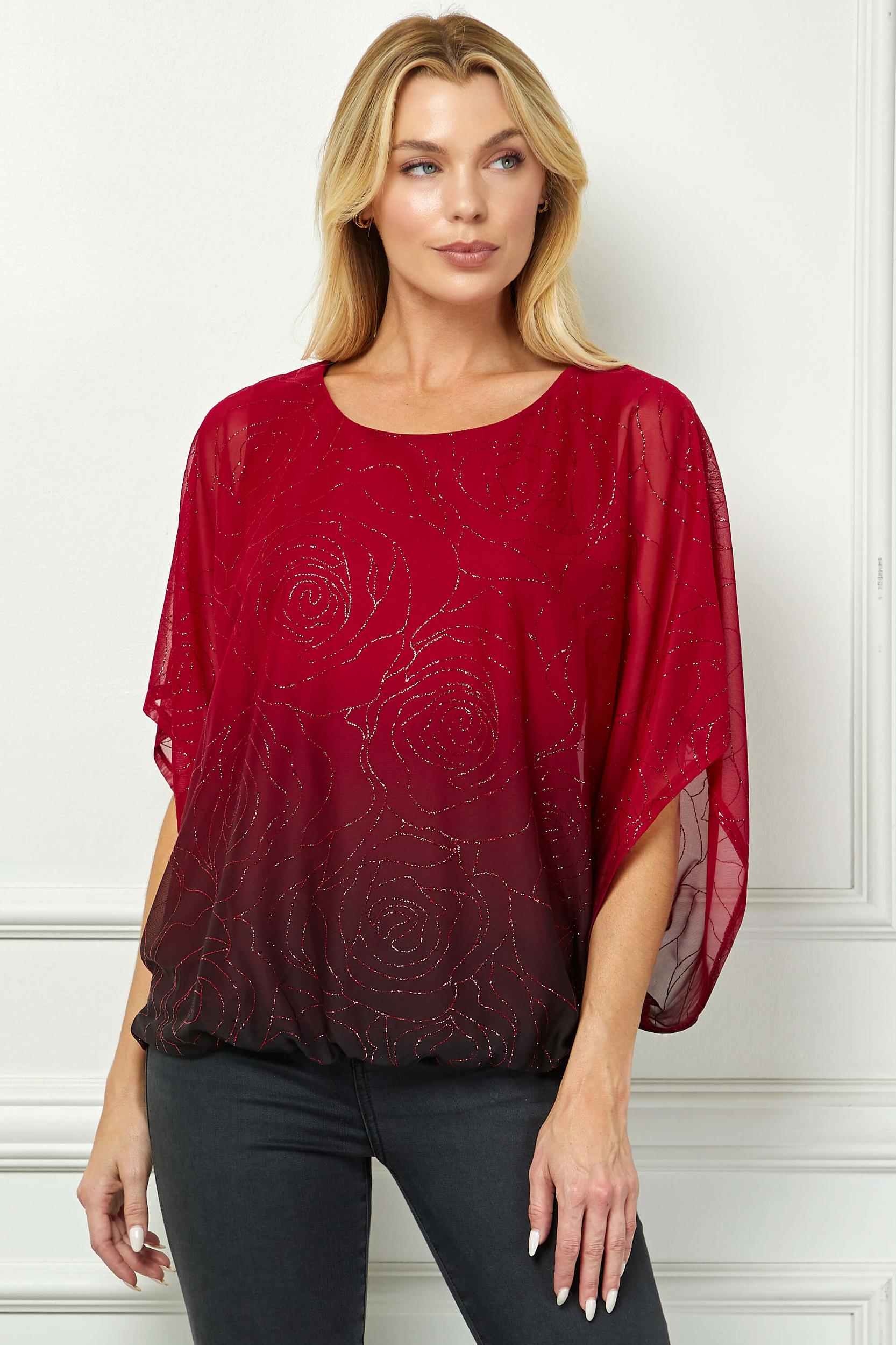 Elbow Sleeve Poncho Cutout Knot Back Bubble Blouse in Red Product Image