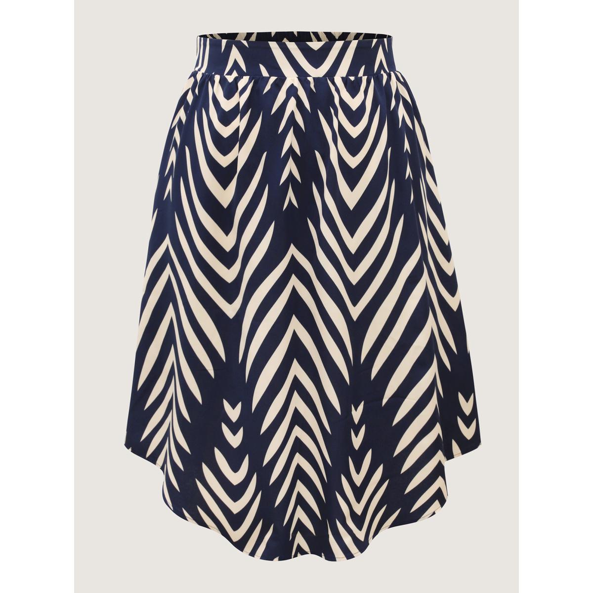 Plus Size Geometric Print High Low Hem Skirt Women Navy Loose No stretch Side seam pocket Work Skirts BloomChic 12/L Product Image