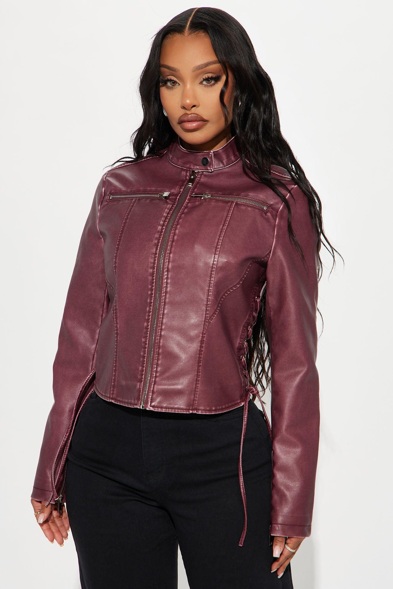 Leona Faux Leather Lace Up Jacket - Burgundy Product Image