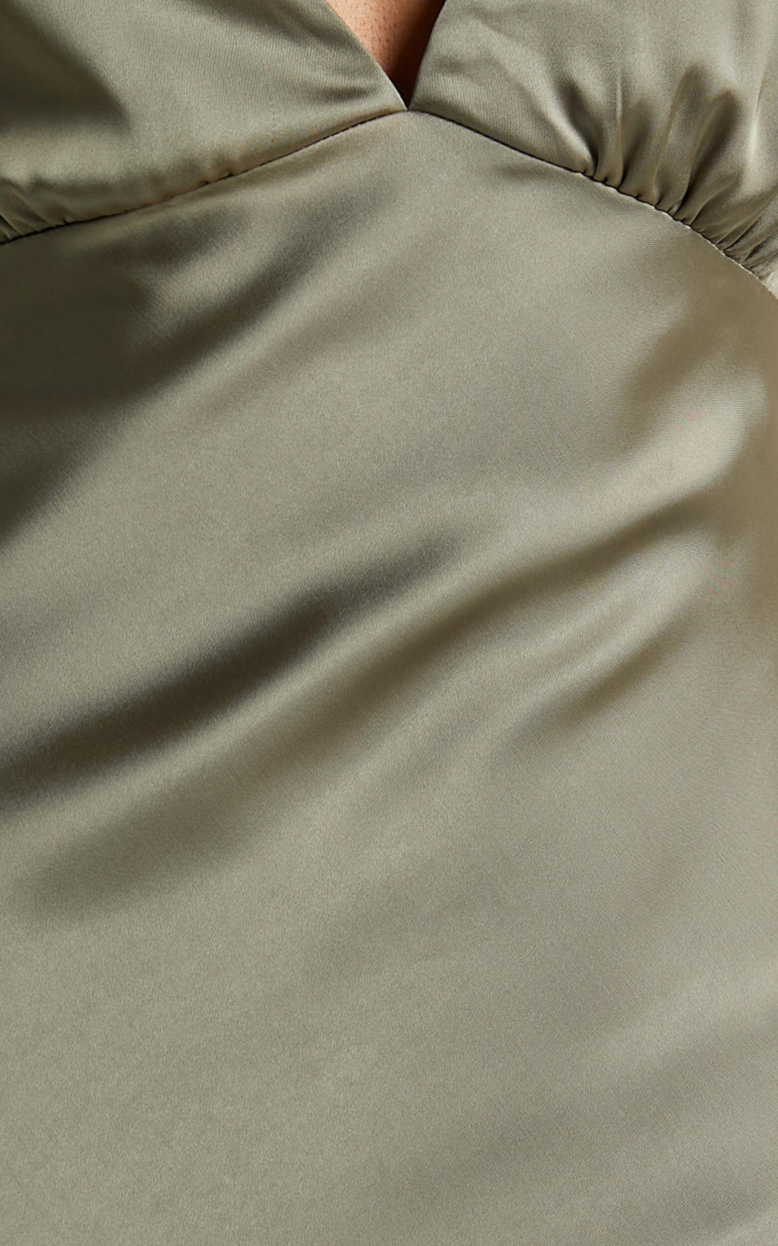 Khalani Midi Dress - Deep V Neck Satin Slip Dress in Dark Olive Product Image