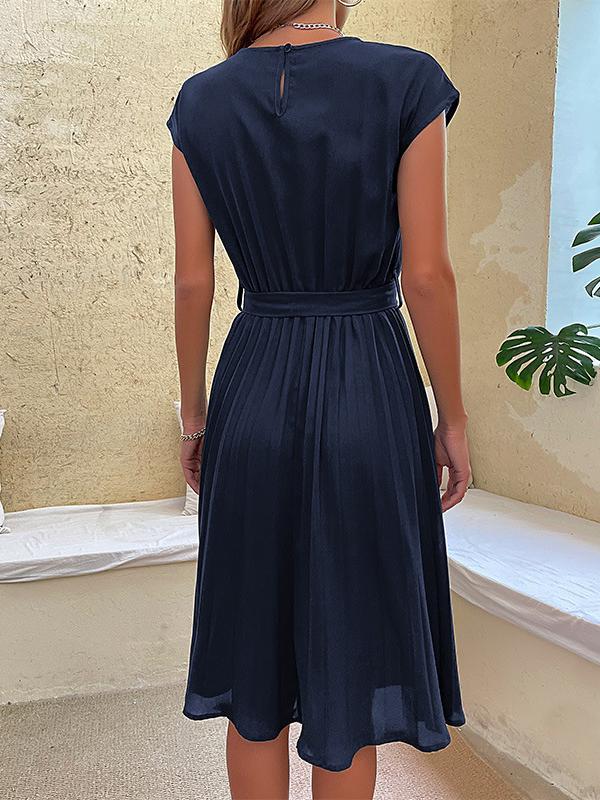 A-Line Loose Pleated Solid Color Tied Waist Round-Neck Midi Dresses Product Image