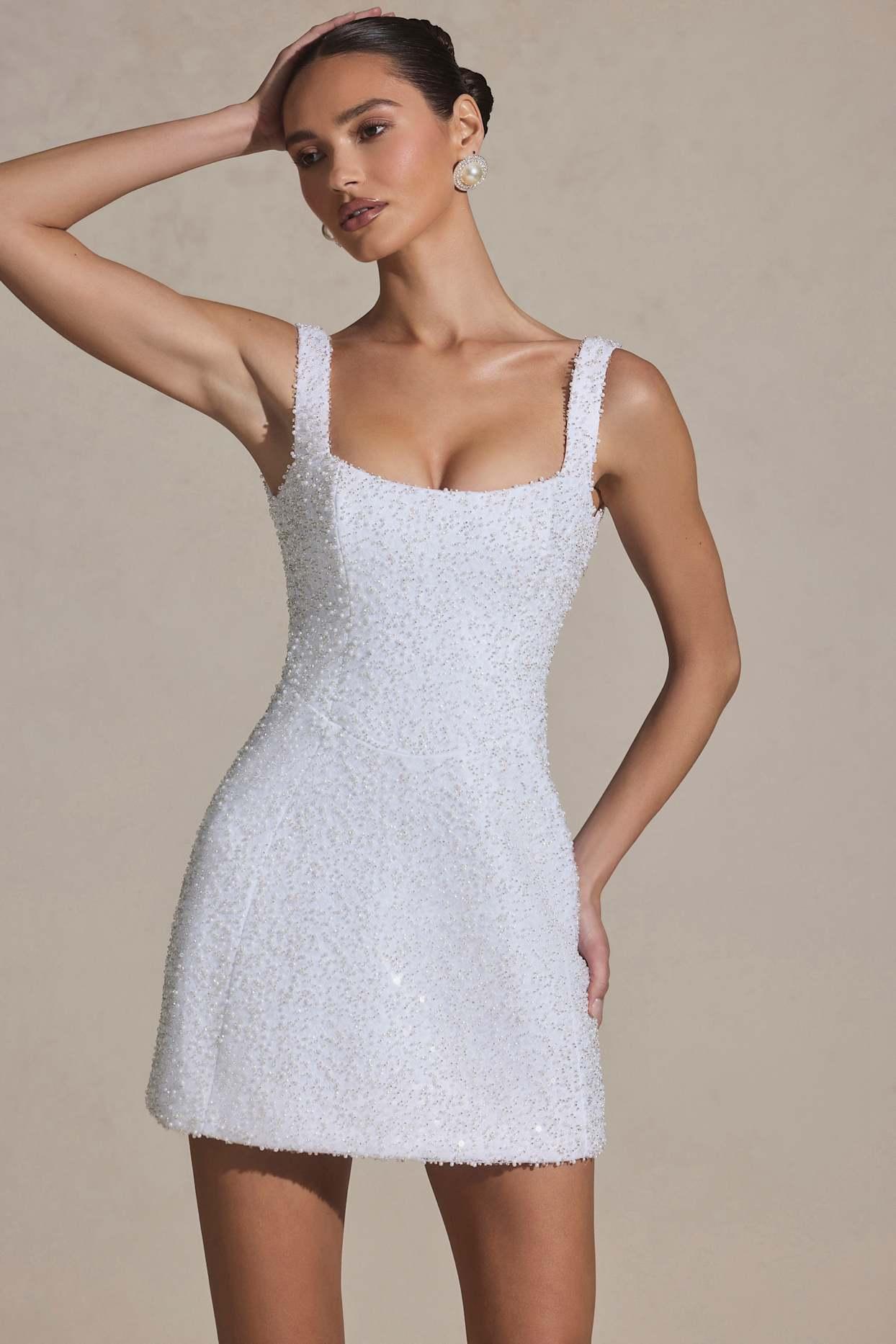 Embellished Structured A-Line Mini Dress in White Product Image