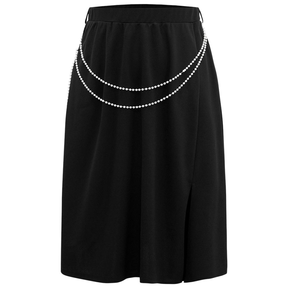 Plus Size Plain Pearl Beaded Detail Split Side Skirt Women Black Office Style accents No stretch Belt Office Skirts BloomChic 12/L Product Image