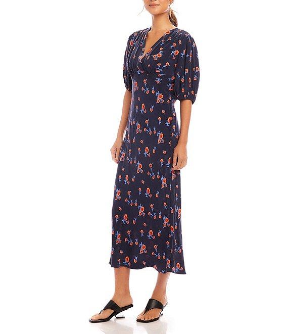 Karen Kane Carnation Print V-Neck Short Puff Sleeve A-Line Midi Dress Product Image