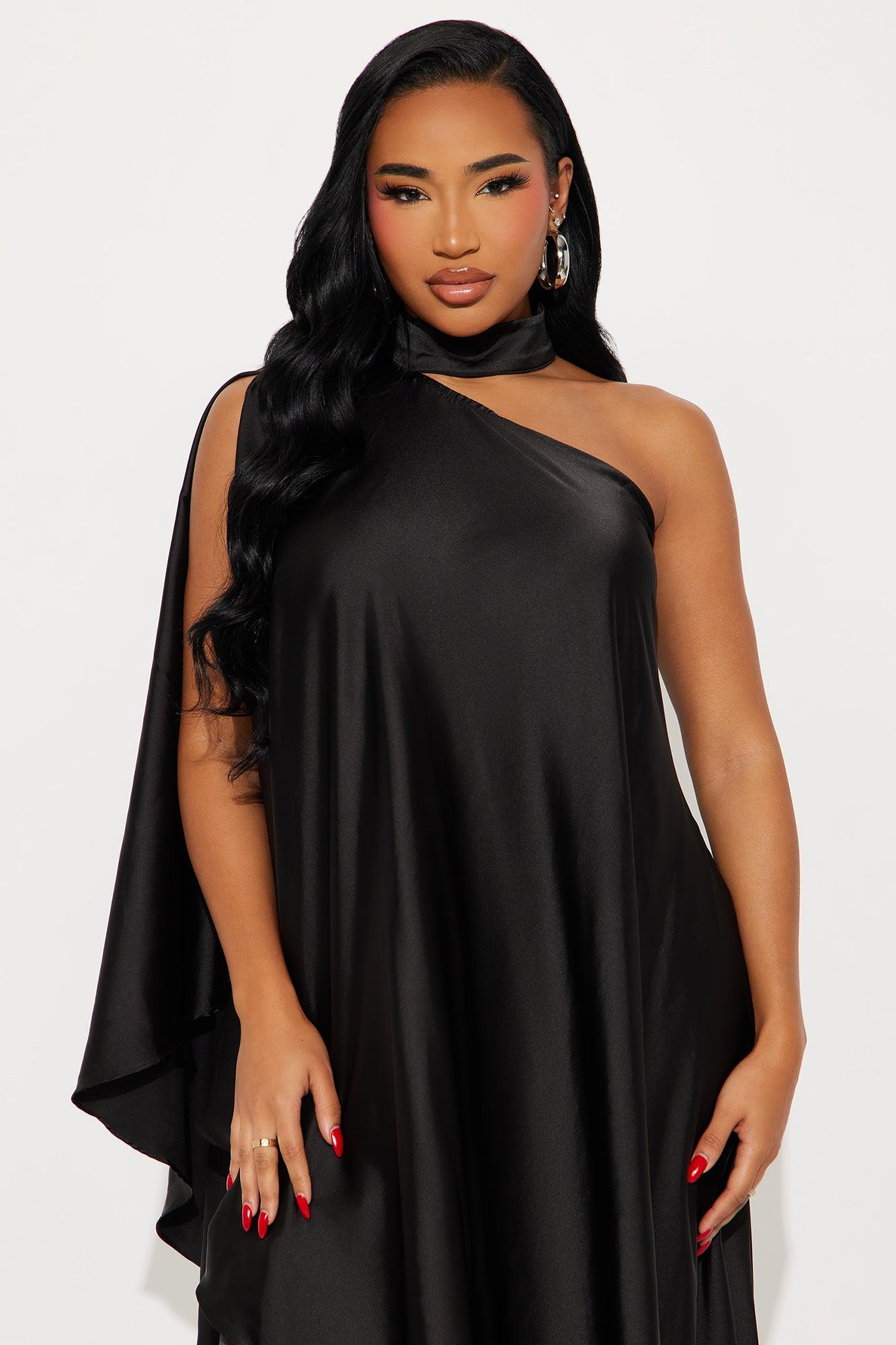 Solana Satin One Shoulder Draped Pant Set - Black Product Image