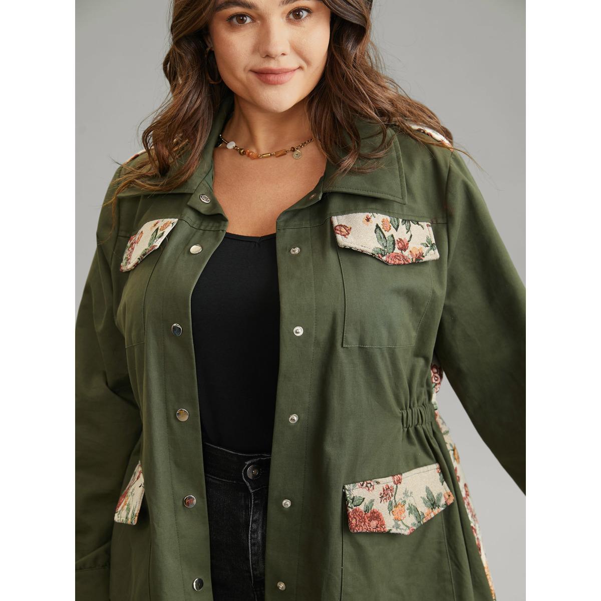 Plus Size Jacquard Patchwork Elastic Waist Flap Pocket Jacket Women ArmyGreen Lined Pocket Dailywear Jackets BloomChic 18-20/2X Product Image