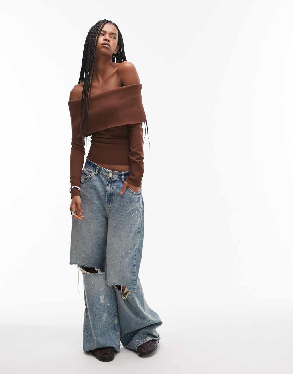 Topshop deep bardot knit top in brown Product Image
