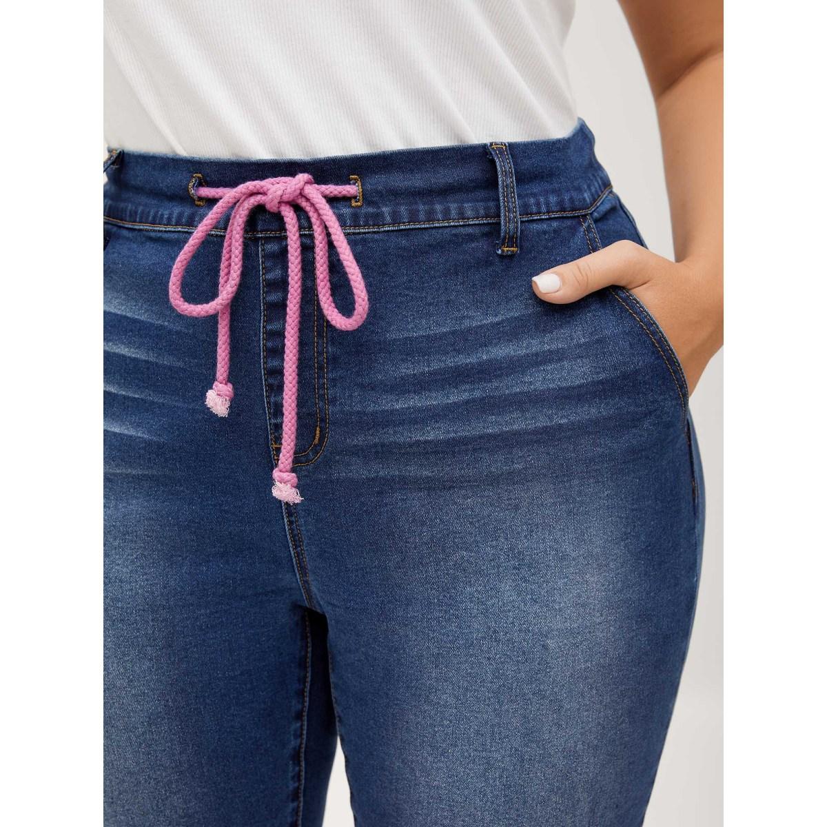 Plus Size Pull-On Drawstring Waist Crop Jeans Women Midblue Casual Medium stretch Slanted pocket Jeans BloomChic 14/1X Product Image