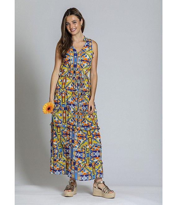 APNY Woven Printed V-Neck Sleeveless Tiered Maxi A-Line Maxi Dress Product Image