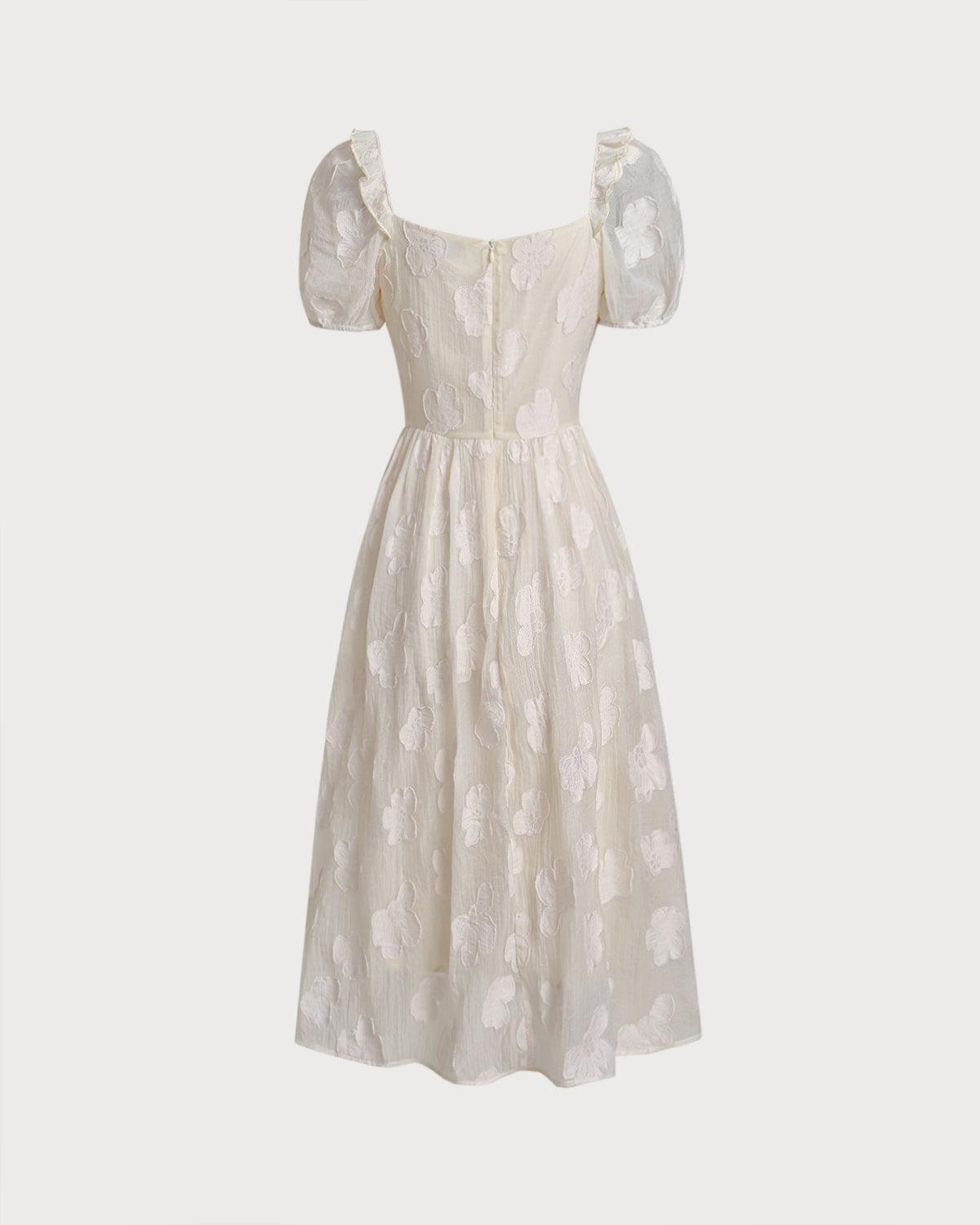 Beige Square Neck Puffed Sleeve Midi Dress Product Image