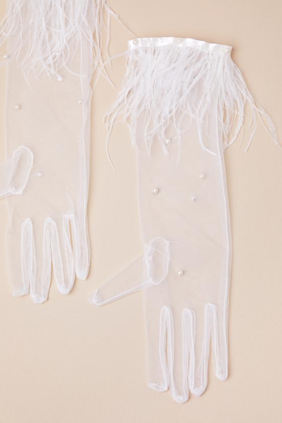 Zemma White Mesh Pearl Feather Gloves Product Image