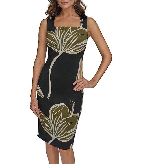 Donna Karan Square Neck Sleeveless Floral Print Sheath Dress Product Image