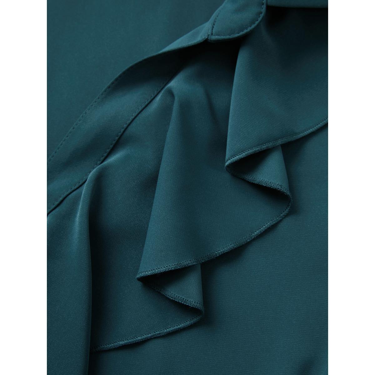 Plus Size Cyan Solid Button Detail Ruffle Trim Blouse Women At the Office Short sleeve Shirt collar Office Blouses BloomChic 14-16/1X Product Image