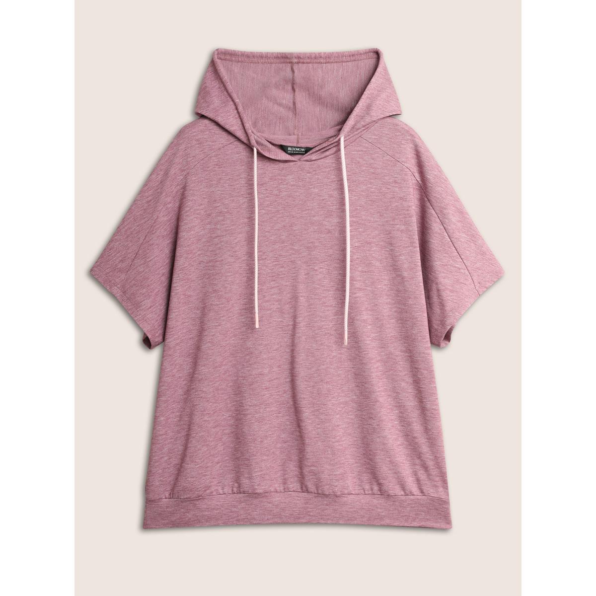Plus Size Plain Hooded Drawstring Raglan Sleeve T-shirt Mauve Women Casual Drawstring Hooded Everyday T-shirts BloomChic 14-16/1X Product Image