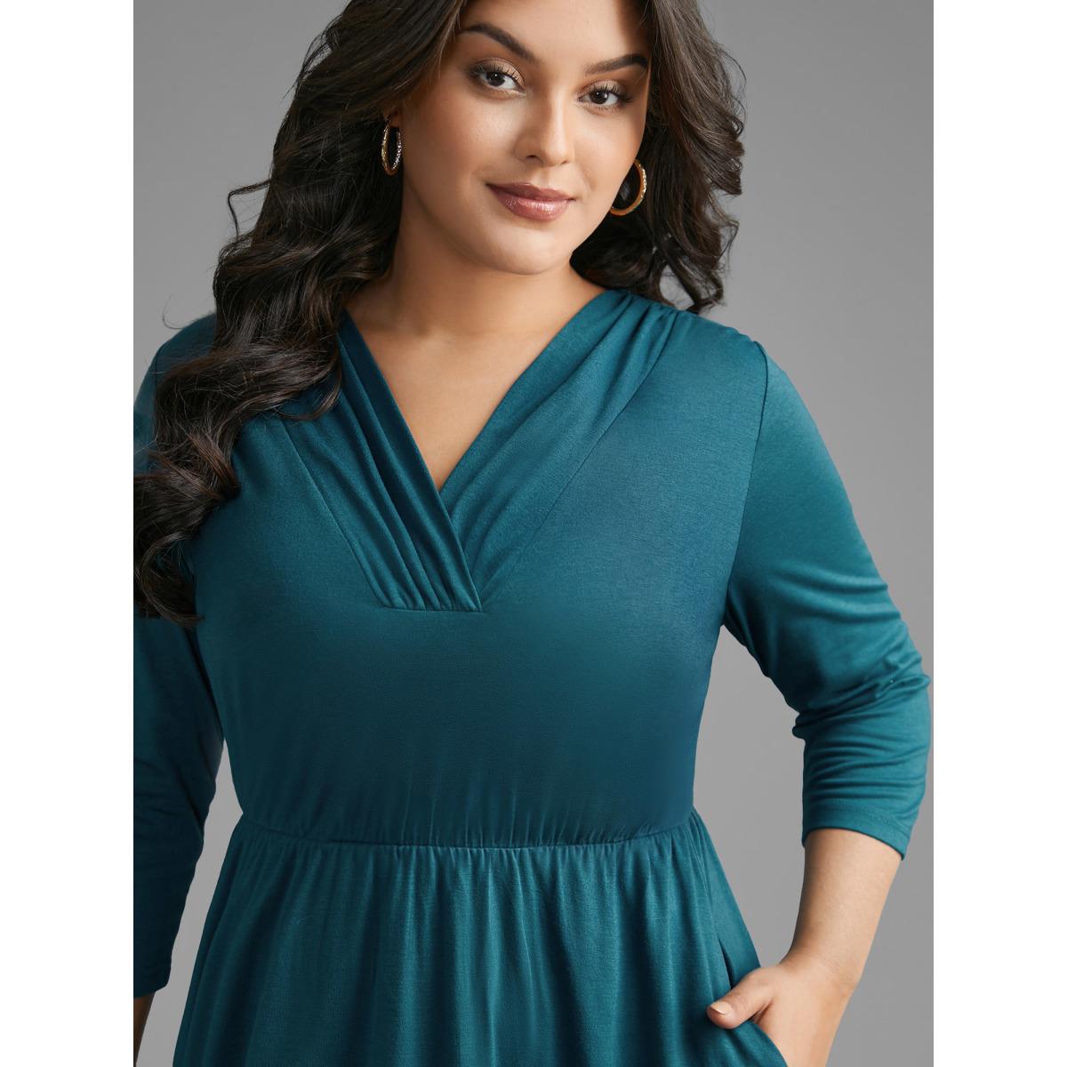 Plus Size V Neck Gathered Midi Knit Dress Aegean Women Casual Gathered Knit Dresses Bloomchic 28/5X Product Image